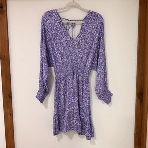 Japna Floral Smocked Waist Mini Dress Womens Medium Blue Long Sleeve | Boho
